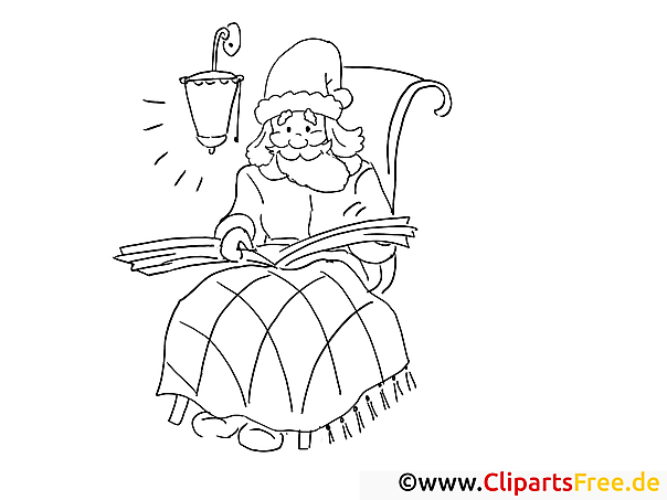 Weihnachtsmann liest Buch Ausmalbilder gratis für Kinder