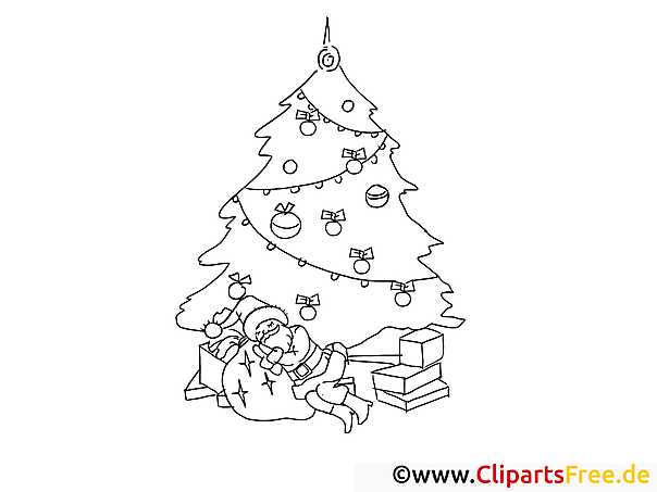 Weihnachtsmann schläft unter Tannenbaum Ausmalbilder für Kinder kostenlos ausdrucken