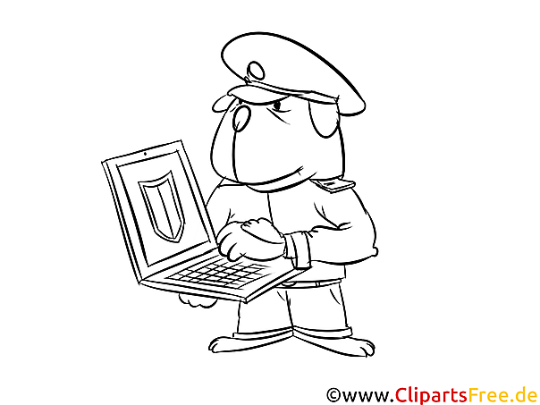 Polizist mit Notebook Bild, Clipart, Illustration schwarz-weiß zum Ausmalen