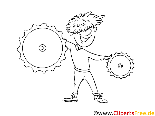 Mann mit Zahnrädern, Prozessmanager Bild, Clipart, Illustration schwarz-weiß zum Ausmalen