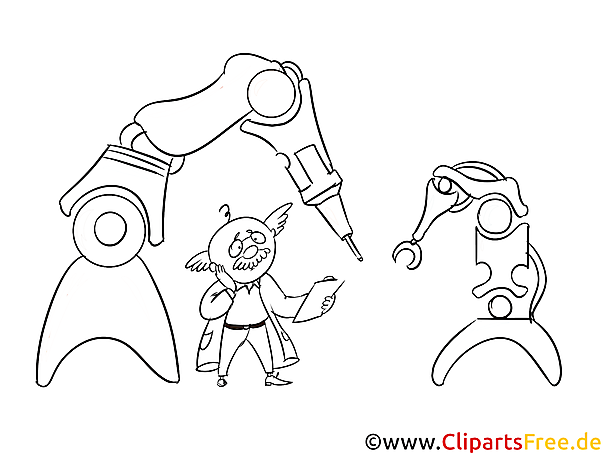 Roboter in Produktion Bild, Illustration, Clipart schwarz-weiß zum Ausmalen