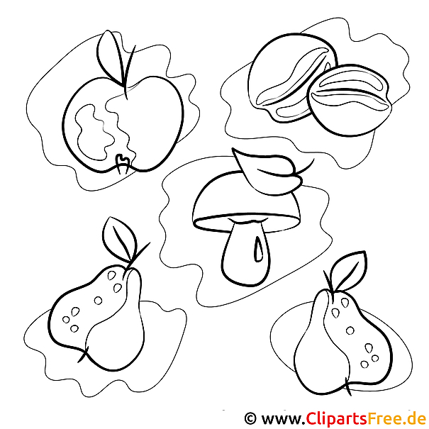 Gratis Herbst Ausmalbilder - Pilz, Apfel, Birne