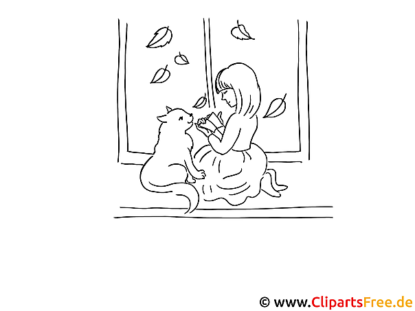 Mädchen und Katze auf dem Fensterbank Malvorlage zum Ausmalen