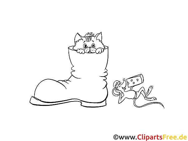 Katze im Schuh Ausmalbild zum Drucken und Ausmalen