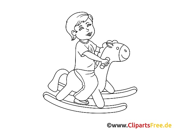 Kind auf Schaukelpferd Bild, Clipart, Illustration schwarz-weiß zum Ausmalen