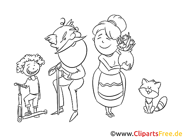 Illustration de grand-mère, grand-père et petits-enfants en noir et