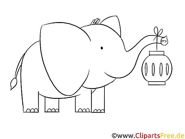 Kostenloses Ausmalbild Elefant mit Laterne als PDF Malvorlage