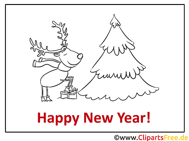 Kostenloses Ausmalbild Rentier am Weihnachtsbaum als PDF downloaden