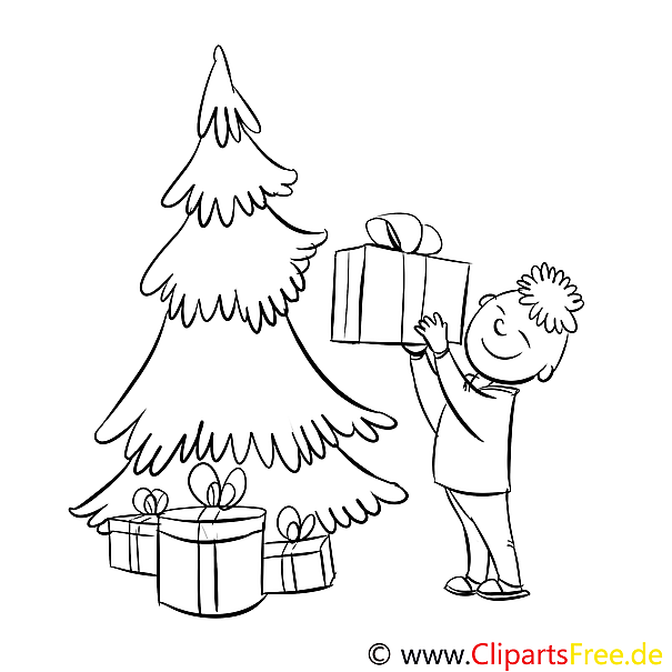 Kostenloses Ausmalbild Weihnachtsbaum und Junge als Malvorlage PDF