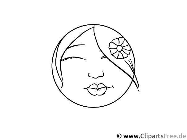Kostenloses Ausmalbild mit fröhlichem Gesicht und Blume im Haar Kostenloses Ausmalbild mit fröhlichem Gesicht und Blume im Haar