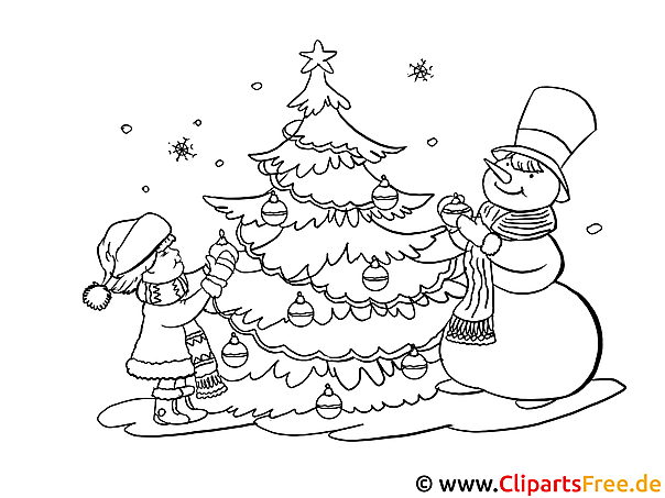 malvorlage advent mit weihnachtbaum kinder und schneemann