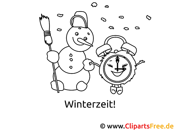 Schneemann und Wecker Malvorlage zur Zeitumstellung