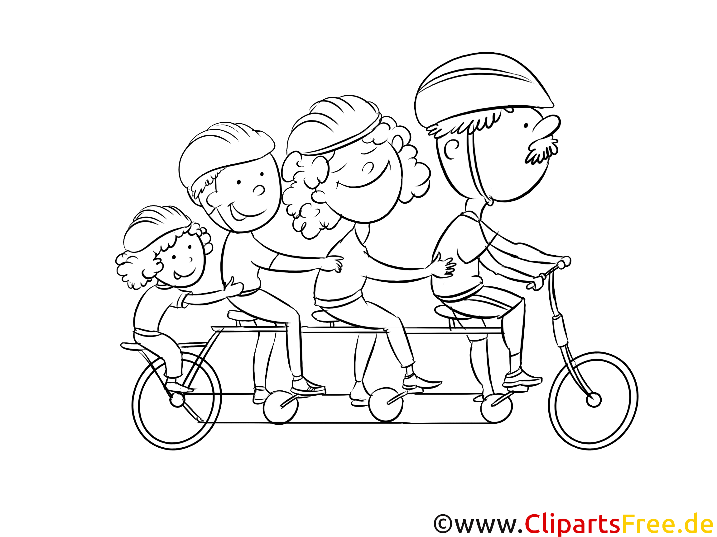 Familie am Fahrrad Bild schwarzweiß zum Drucken, Malen