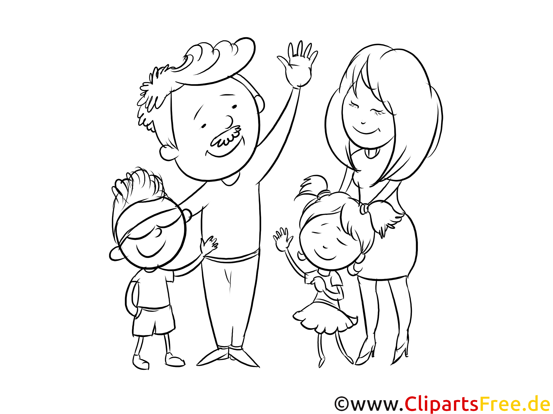 Lycklig familj med barn - ritade svartvita bilder för färgläggning