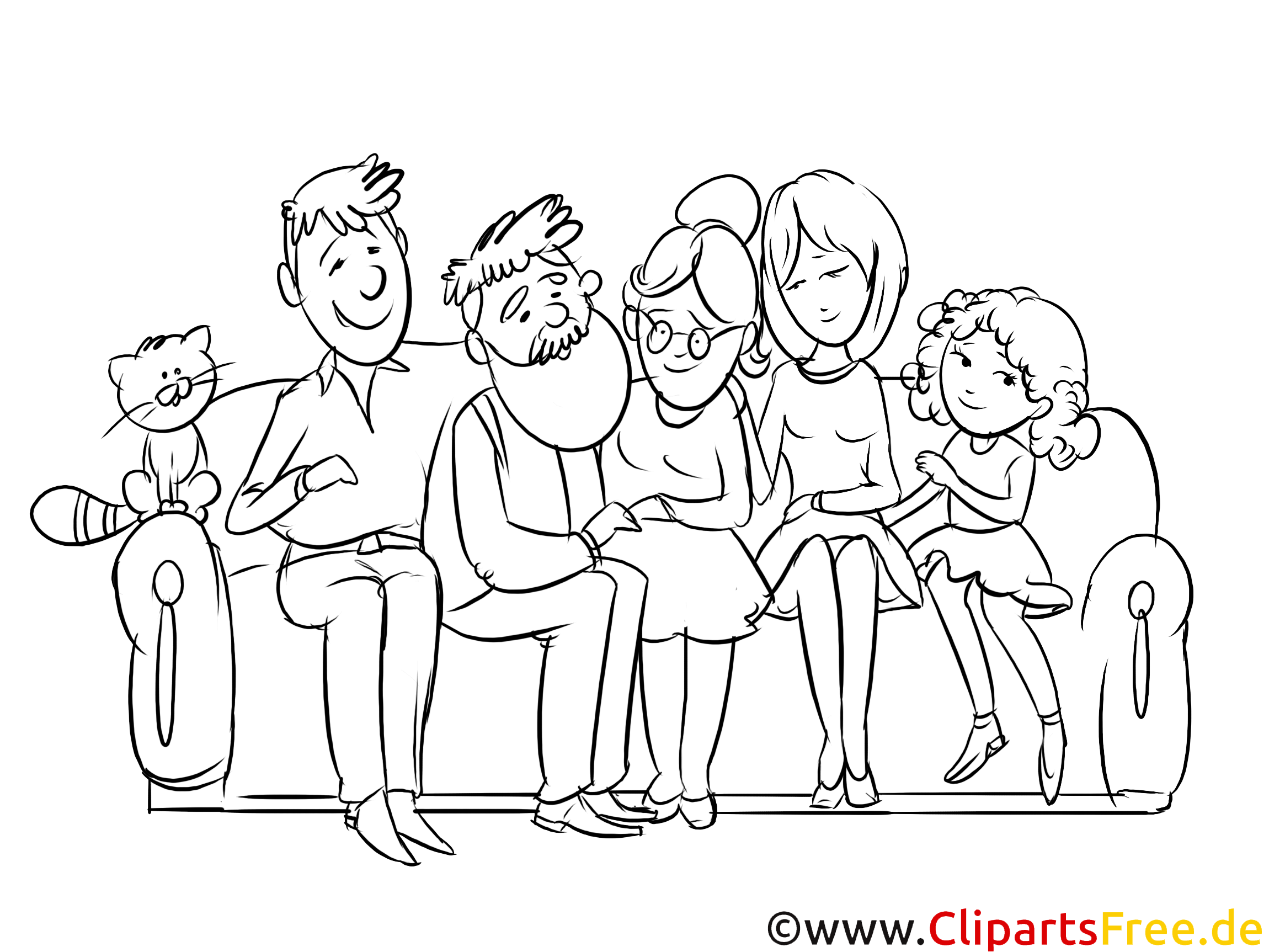 Illustratie zwart-wit om af te drukken en in te kleuren Familie op de bank