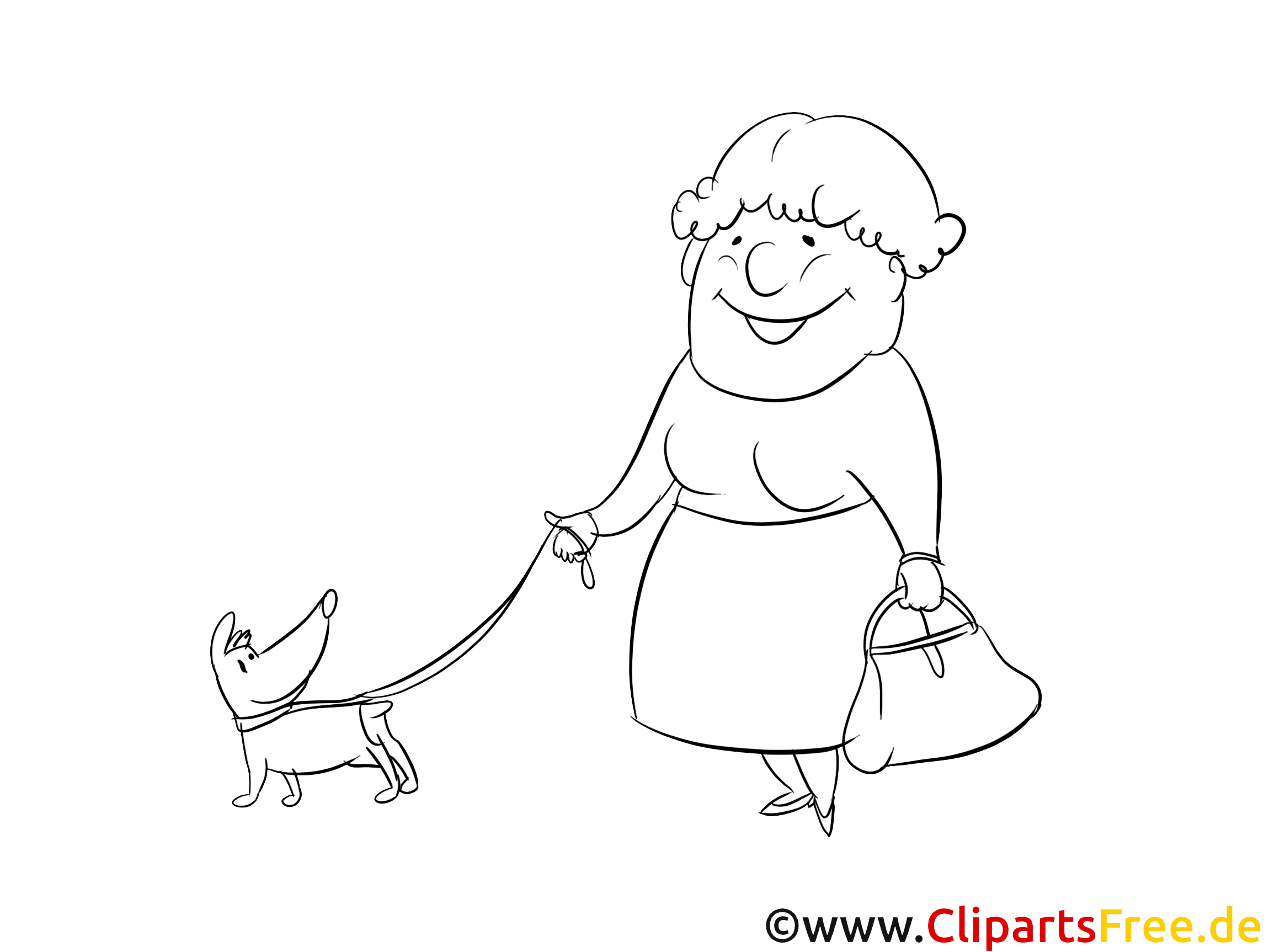 Oma geht mit Hund Gassi Malvorlage gratis