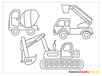 Excavator, cement mixer, crane coloring pages for free