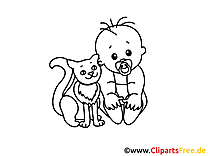 Free coloring page Young baby with domestic cat