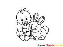 Coloriage drôle de bébé et lapin de Pâques