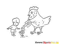 Coloriage gratuit de poule et enfant