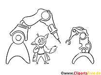 Roboter in Produktion Bild, Illustration, Clipart schwarz-weiß zum Ausmalen