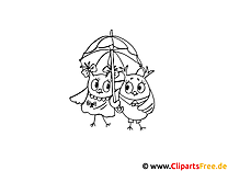 Zwei Uhus unter dem Regenschirm Bild zum Ausmalen