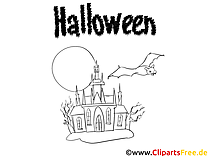 desenho de morcego e castelo de Halloween para colorir