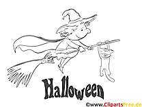 Flying witch on Halloween image, coloring page