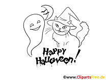 Küçük çocuklar için cadı kedi ve hayalet boyama sayfası