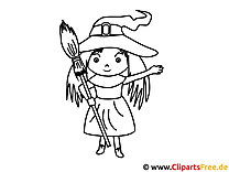 Cô phù thủy nhỏ với trang màu hình cây chổi để in và tô màu