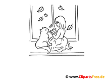 खिड़की दासा रंग पेज पर लड़की और बिल्ली