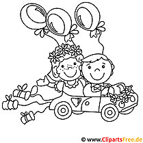 Poză de colorat cu tinerii căsătoriți în mașina de nuntă