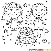 Ausmalbild Hochzeit - Brautpaar und Torte