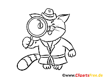 Katze Detektiv Bild, Clipart, Illustration zum Ausmalen kostenlos