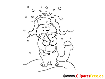 Katze im Winter Grafik, Bild, Malvorlage zum Ausdrucken und Ausmalen