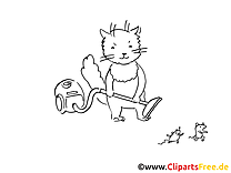 Katze mit Staubsauger Grafik, Bild, Malvorlage zum Ausdrucken und Ausmalen
