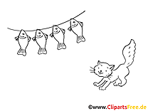 Cat and fish graphic, image, coloring page to print and color