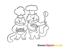 Katzen in der Küche Grafik, Bild, Malvorlage zum Ausdrucken
