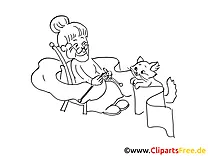 Oma mit Katze Grafik, Bild, Malvorlage zum Ausdrucken