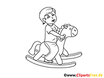 Kind auf Schaukelpferd Bild, Clipart, Illustration schwarz-weiß zum Ausmalen