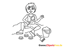Niño en la imagen de la caja de arena, imágenes prediseñadas, ilustración en blanco y negro para colorear