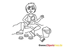 Kind im Sandkasten Bild, Clipart, Illustration schwarz-weiß zum Ausmalen