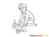 Child playing with building blocks image, clipart, illustration black and white