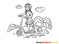 Free coloring page girl in bike helmet on scooter