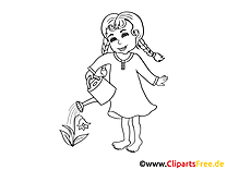 Girl with a watering can image, clipart, illustration black and white for coloring