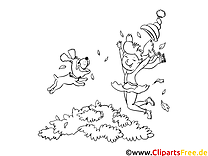 Щенок и девочка прыгают - осенние картинки на печать