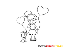 Girl and cat with balloons picture to color in and print out