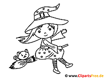 Little witch on broomstick coloring page