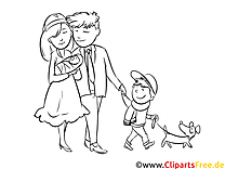Παντρεμένο ζευγάρι με παιδί, οικογενειακή εικόνα ασπρόμαυρη για εκτύπωση, ζωγραφική