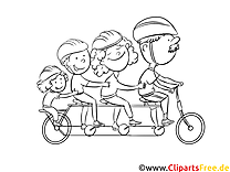 خانواده سیاه و سفید روی دوچرخه برای چاپ، نقاشی